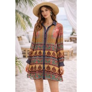 Umgee Multicolor Sheer Paisley Floral Chiffon Shirt Boho Maximalist Resort